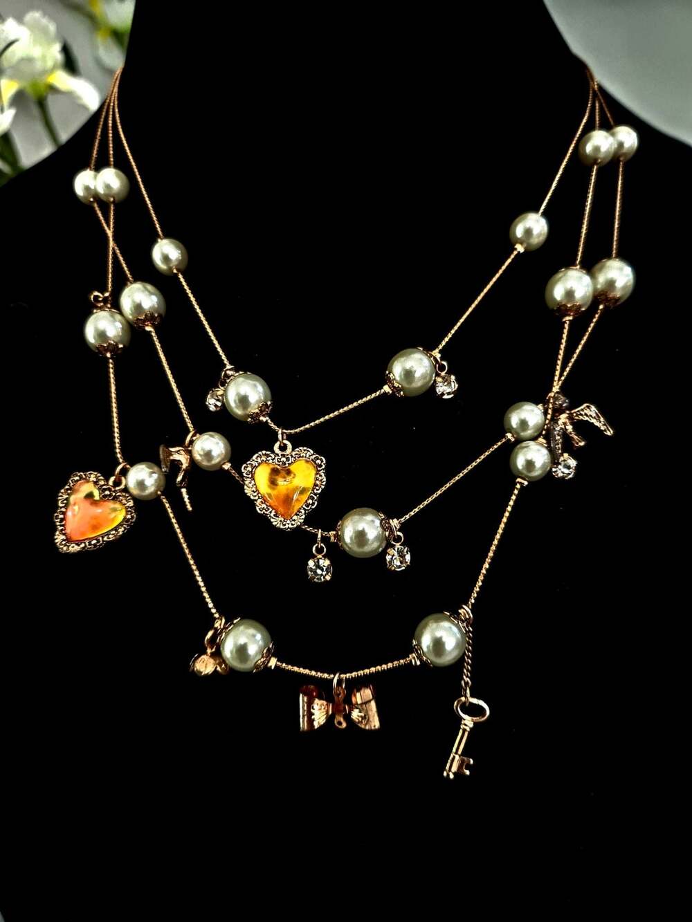 Betsey‎ Johnson Multi-Strand Layered Necklace with Faux Pearls & Charms
